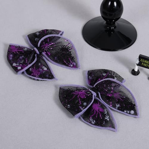 Halloween Spider Shaker Hair Clips - Black & Purple Mesh Bow with Alligator Clips - Variation D