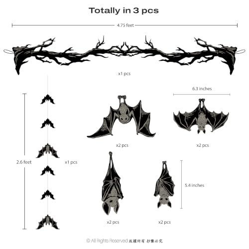 Halloween Bat Banner Garland - Black Glitter Hanging Bat Streamers - Bat Variation