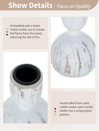 Wooden Taper Candle Holders Set of 6 - Rustic Whitewash Farmhouse Decor - Variations: Whitewash / 6