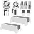 White Black Disposable Dinnerware Set for Parties - 154 Pcs Party Supplies with Napkins & Tablecloths