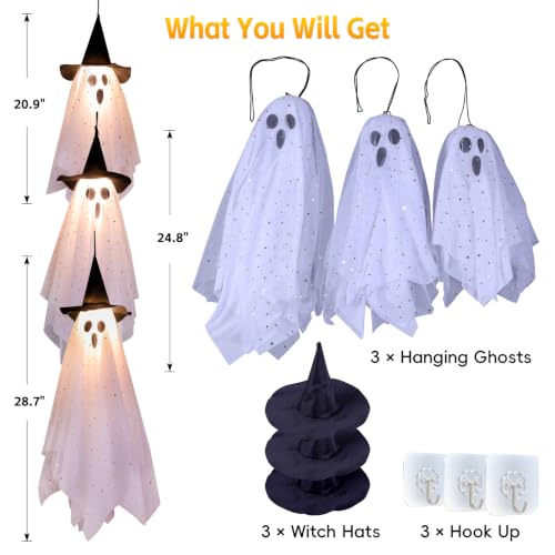 Yellow 3 Pack Halloween Ghost Decorations with Witch Hats & LED Lights Outdoor Decor