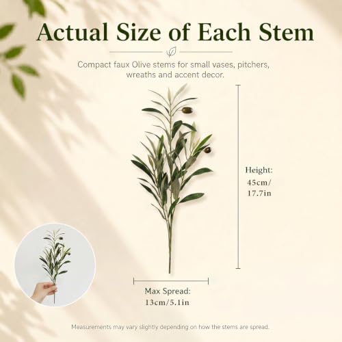 Artificial Olive Branches Set - 6 Pieces, 17.7 Inch Lifelike Faux Foliage for Home Decor
