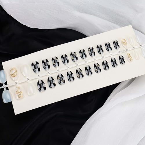 Checkered Press On Nails Extra Short Almond Fake Nails Black White Style36