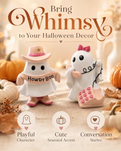 Pink Howdy Boo Ghost and Telephone Resin Halloween Figurines Set - Cute Ghost Decor