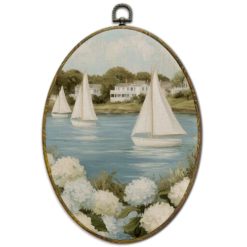 Nautical Coastal Wall Art - Hydrangea Sailboat Canvas Decor, 11x8.5 Inch