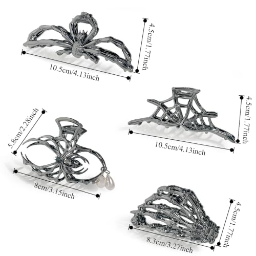Gothic Hair Claw Clips Set - Spider Web, Skeleton Hand, Spider Pearl - Variation A