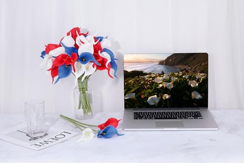 Artificial Calla Lily Flowers 24 Pcs for 4th of July Decorations - White, Red, Blue