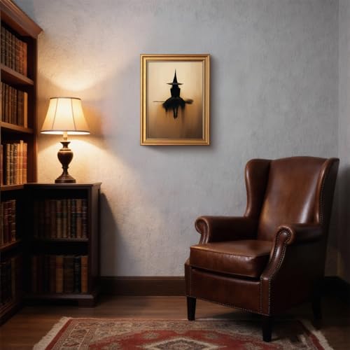 Vintage Halloween Wall Art Witch on Broomstick Gold Frame 8x10