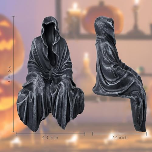 Gothic Death Sitting Statue with Full Cat - Dark Themed Resin Sculpture for Halloween & Decor