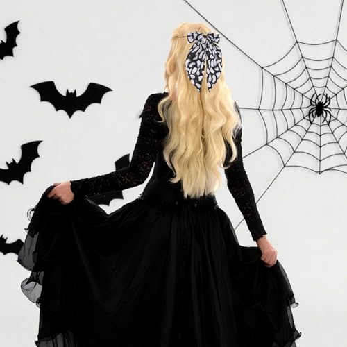 Halloween Satin Hair Bows Set - Ghost, Smile, Cobweb, Pumpkin Designs for Women & Girls