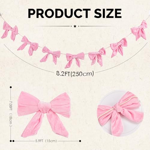 Pink Velvet Bow Garland 8.2FT Wall & Window Decoration for Party & Holidays