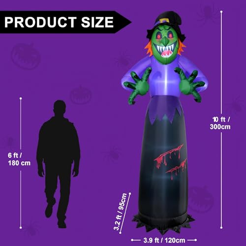 10FT Inflatable Halloween Witch Decor with LED Lights, Outdoor Yard Decoration
