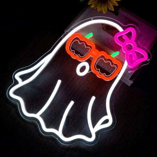 Ghost Pumpkin Glasses Neon Sign LED Light Halloween Wall Decor - Pink Bow Variation