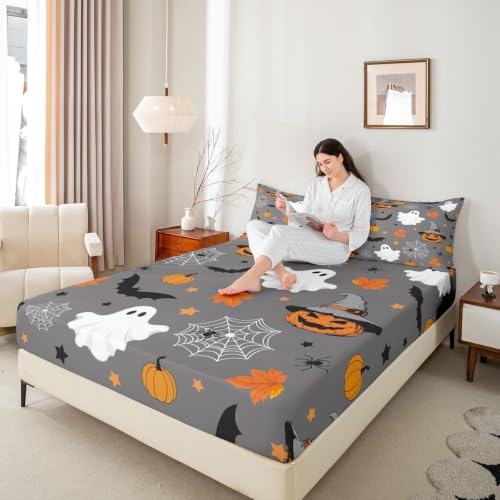 Halloween Bats & Spider Web Fitted Sheet Set Queen Size - Kids & Adults