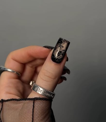 BABALAL Press On Nails Medium Square Black Lace Full Cover with Glossy Finish - Variation O04-01