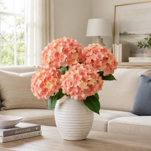 Pink-Orange Hydrangea Artificial Flowers for Outdoor - UV Resistant, 8Pcs