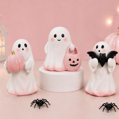 Pink Halloween Ghost Decor Set - 3 Mini Resin Figurines with Pumpkin Bat and Candy Bowl