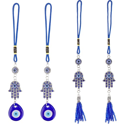 Blue Evil Eye & Hamsa Hand Car Pendant Set - Beaded Rearview Mirror Ornaments for Car & Home Decor