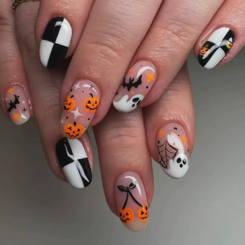 Halloween Short Almond Press On Nails - Style-4, 30 Pcs Reusable Fake Nails