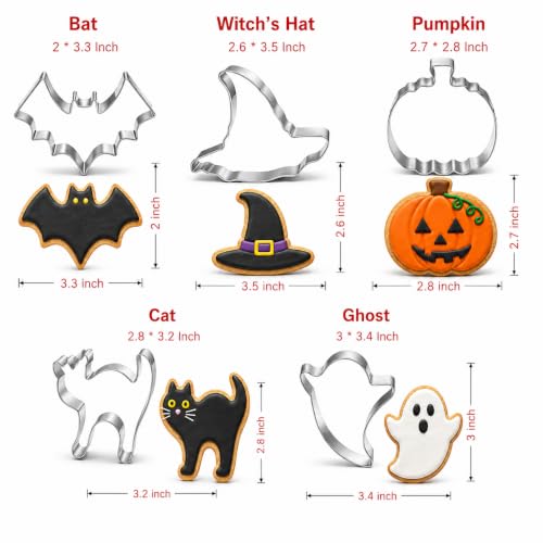 Halloween Cookie Cutters Set - Witch's Hat Pumpkin Ghost Bat Cat Stainless Steel