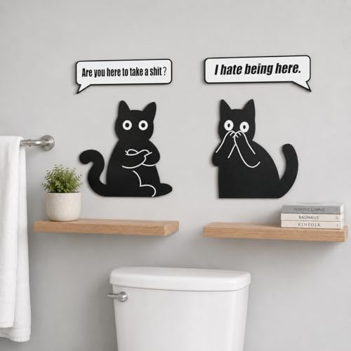 Black Cat Wall Art Set of 4 - Fun Bathroom Decor with Slogans - Variation: Bathroom Black Cat