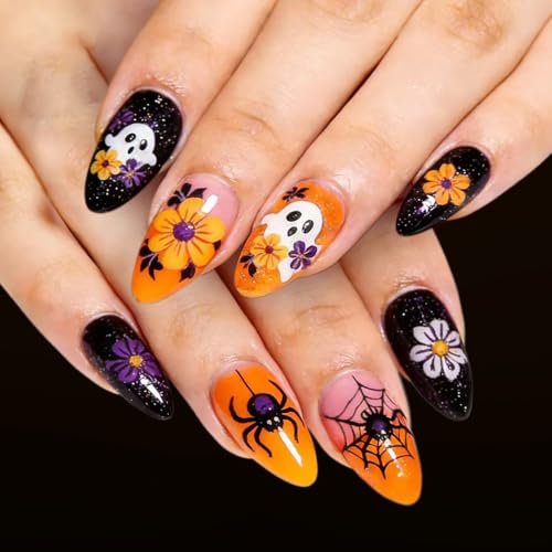 Vopintpy Halloween Ghost Spider Press On Nails Medium - Fake Nails Set with Adhesive Tabs - Variation Halloween Nails 2302
