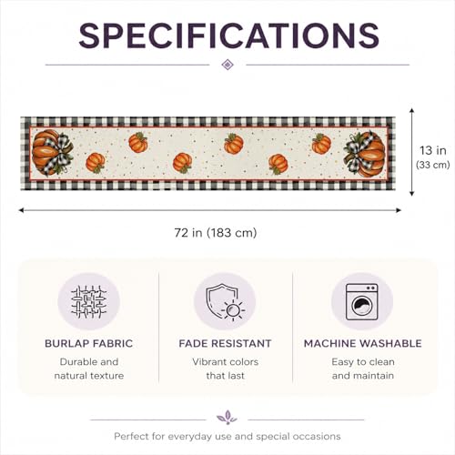 Fall Table Runner for Thanksgiving Decor 13x72 Inch Pumpkin Buffalo Plaid