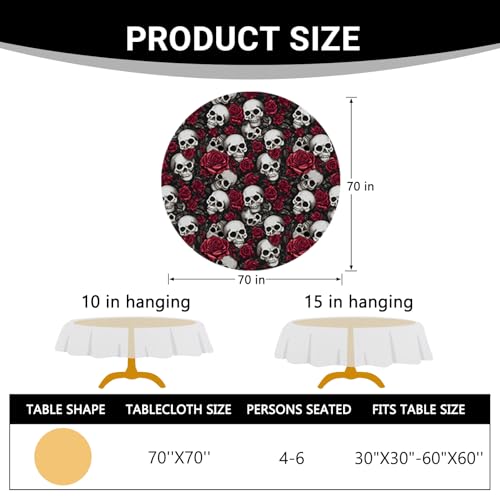 Halloween Gothic Skull Rose Round Tablecloth 70 Inches - Spooky Party Decor