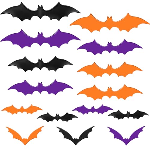 Halloween Bat Magnets Set - 15 Pieces in Black, Purple, Orange - 4 Sizes, 3D Decorations