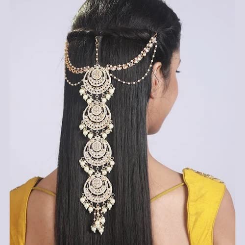 I Jewels Gold-Plated Metal Indian Wedding Bollywood Floral Kundan Pearl Studded Beaded Head Chain/Paranda (T2096W)