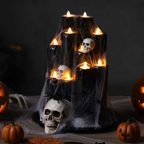 Halloween DIY Spooky Candle Holder Set - Spider Theme, Black Flameless Candles, Centerpiece