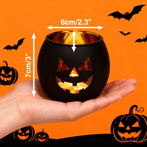 Halloween Candle Holder Set - Glass Votive Tealight Holders with Jack O Lantern Faces, 4 Pieces