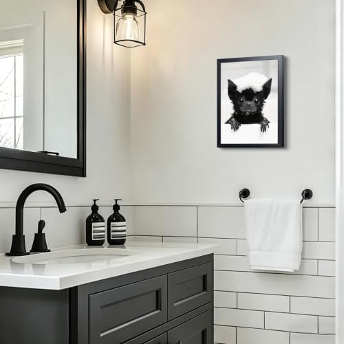 Framed Funny Bat Bathroom Wall Art - Black & White Canvas Print, 16x12 Inch