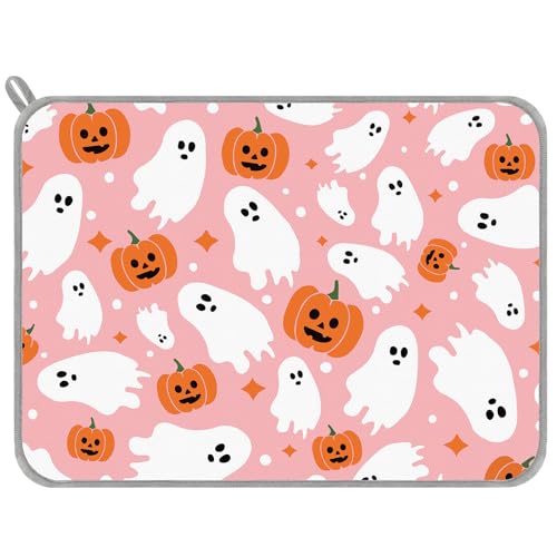 Halloween Dish Drying Mat Pink Pumpkin Ghost Absorbent Kitchen Protector 18x24 Inch