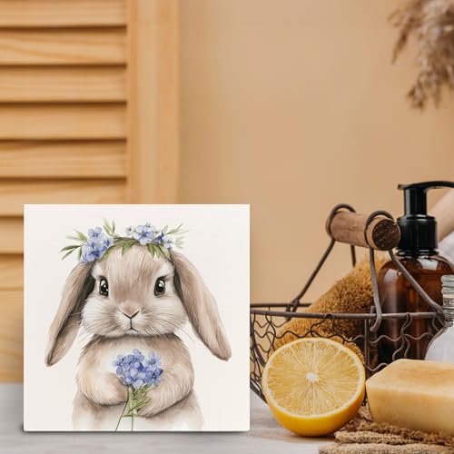 Easter Wooden Sign - Retro Bunny Spring Desk Decor, 5x5 Inch Myosotis Variation