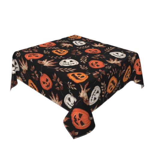Halloween Pumpkin Maple Leaf Square Tablecloth 54 Inch Burnt Orange & White Fall Decor