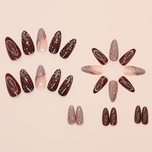 3D French Press-On Nails Reusable Set - Brown Butterfly Wings Variation