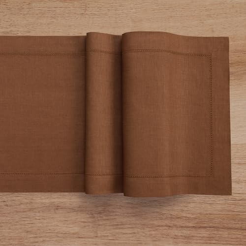 Pure Linen Dining Table Runner Brown Hemstitch 14 x 60 Inches - Handcrafted