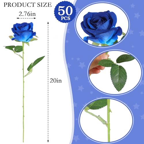 Artificial Blue Roses Bulk - 50 Realistic Silk Flowers for DIY & Decor - Blue / 50
