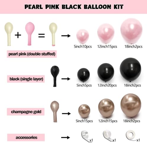 Pink Black Balloon Arch Kit - Double Stuffed Pastel Pearl & Gold Balloons for Birthday, Wedding, Baby Shower, Halloween - Variation: Pink Black