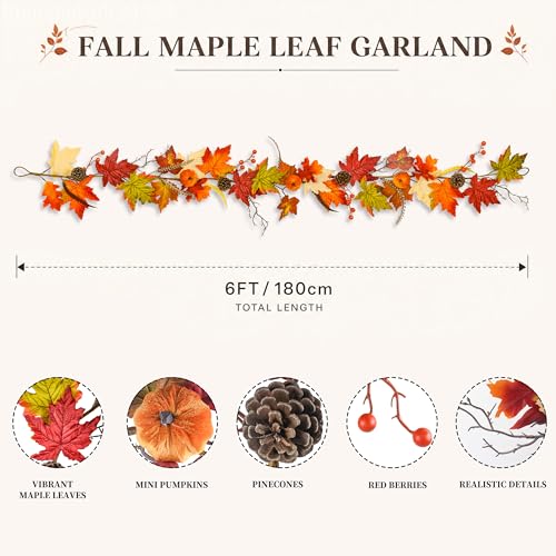 6FT Autumn Maple Leaf Garland with Pumpkins Pinecones & Berries - Fall Decor for Thanksgiving & Farmhouse Style