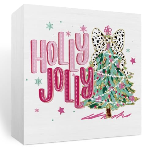 Christmas Tree Wooden Box Sign - Pink Glitter Bow Holiday Decor for Home & Gifts