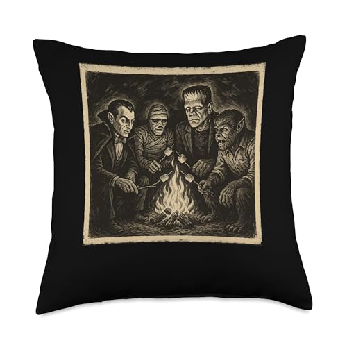 Classic Monsters Campfire Halloween Throw Pillow 18x18 - Spooky Movie Night Decor