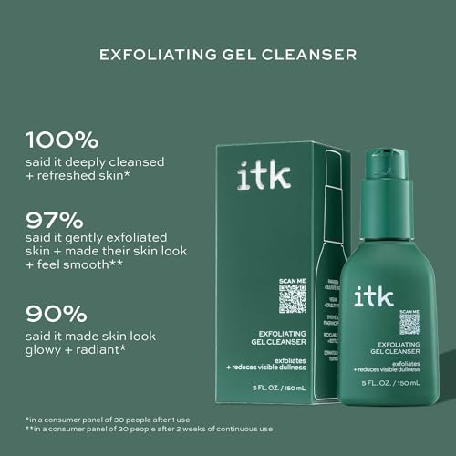 ITK Exfoliating Facial Gel Cleanser - Face Wash to Brighten + Smooth Skin - Dissolves Makeup + Grime Gently- Even-Toned Skin - Glycolic Formula to Brighten Skin, for Normal to Oily Skin, 5 Fl Oz