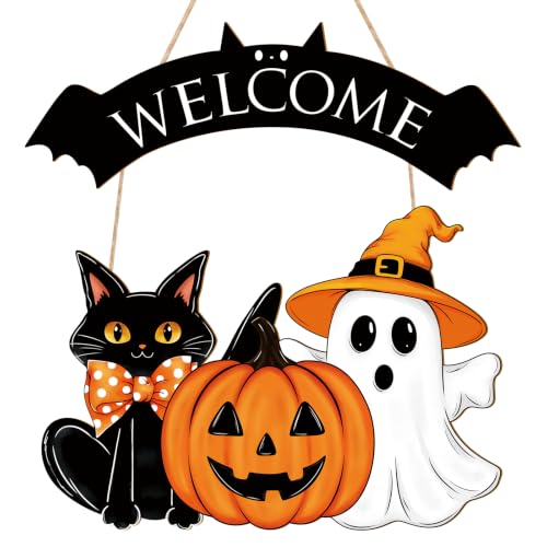 Large Wooden Halloween Ghost Door Wreath - Black & Pumpkin Decor for Front Door