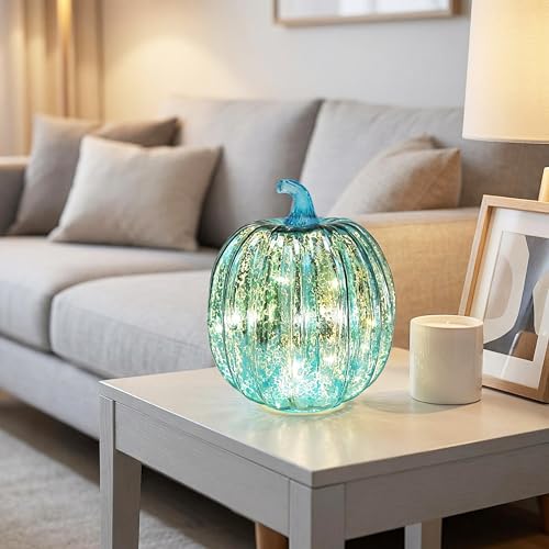Mercury Glass Pumpkin Lights with Timer - Blue Fall Decor for Home
