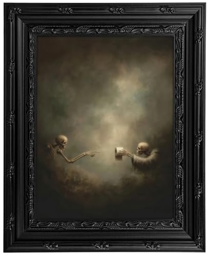 Skeleton Bathroom Wall Art Canvas - Framed 11" x 9" Skeleton Wall Decor - Funny Halloween Restroom Artwork