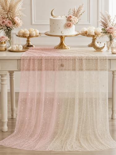 Champagne Pink Sequin Sheer Table Runner 28x120 Inch 6PCS Boho Wedding Party Decor