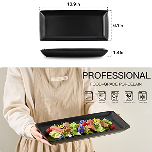 Black Porcelain Serving Platters Set of 4 - 14 Inch Rectangular Dinnerware