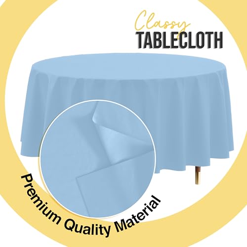 Light Blue Disposable Round Tablecloth 84 Inch 12 Pack - Thicker, Waterproof, Spillproof